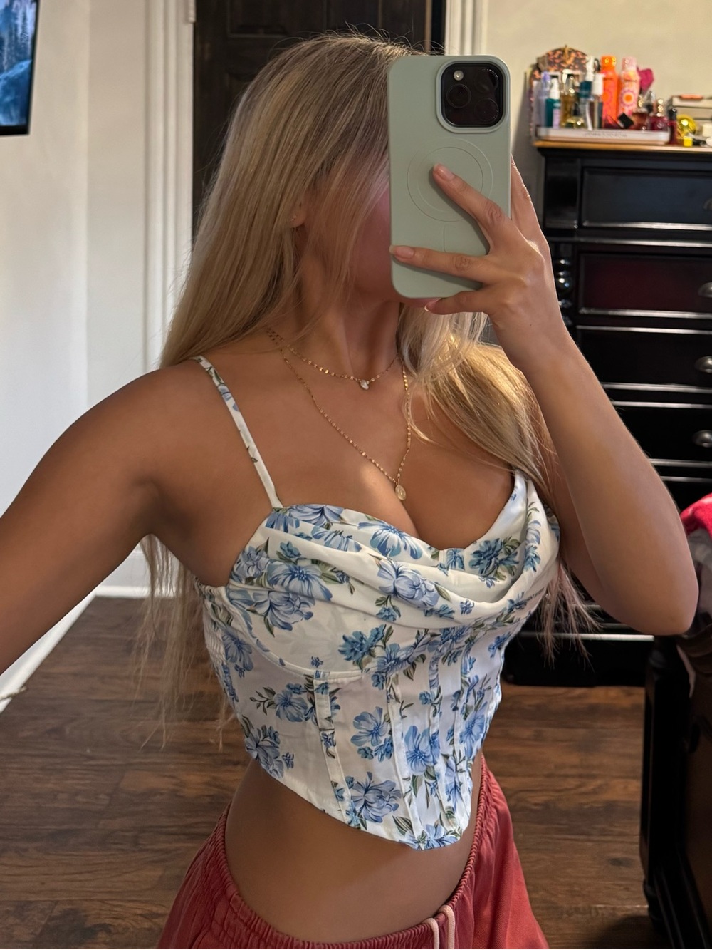 White Floral Blue Corset Cami Top